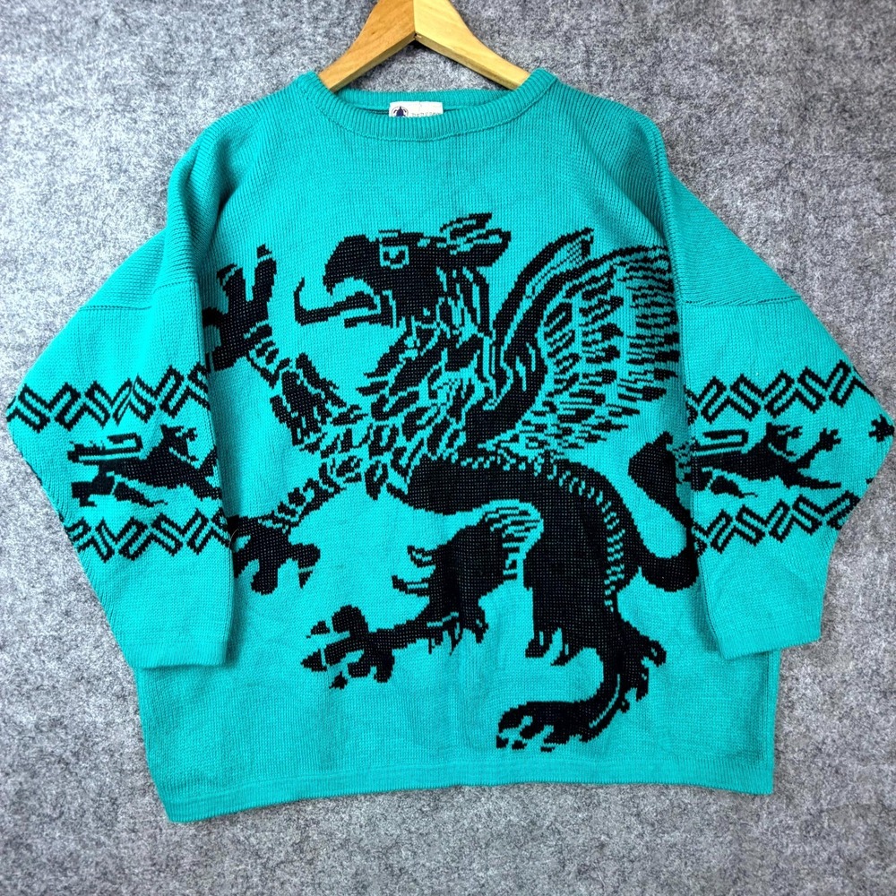 Vintage Turtle Bay Vulture 80s Sweater Women XXL Teal Black Griffin Grandma Chic